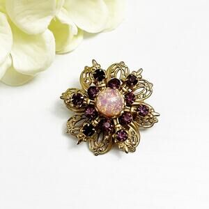 Vintage Mini Pink Faux Fire Opal & Purple Stone Filagree Brooch